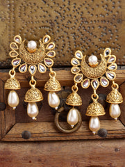 Gold-Toned & Off White Crescent Shaped Jhumkas Earrings