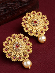 Gold-Toned & Red Floral Drop Earrings