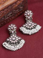 Silver-Toned & White Floral Drop Earrings