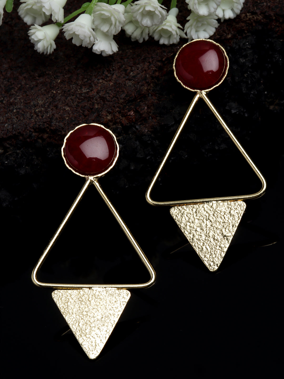 Gold-Plated Stone-Studded Triangular Shaped Drop Earrings