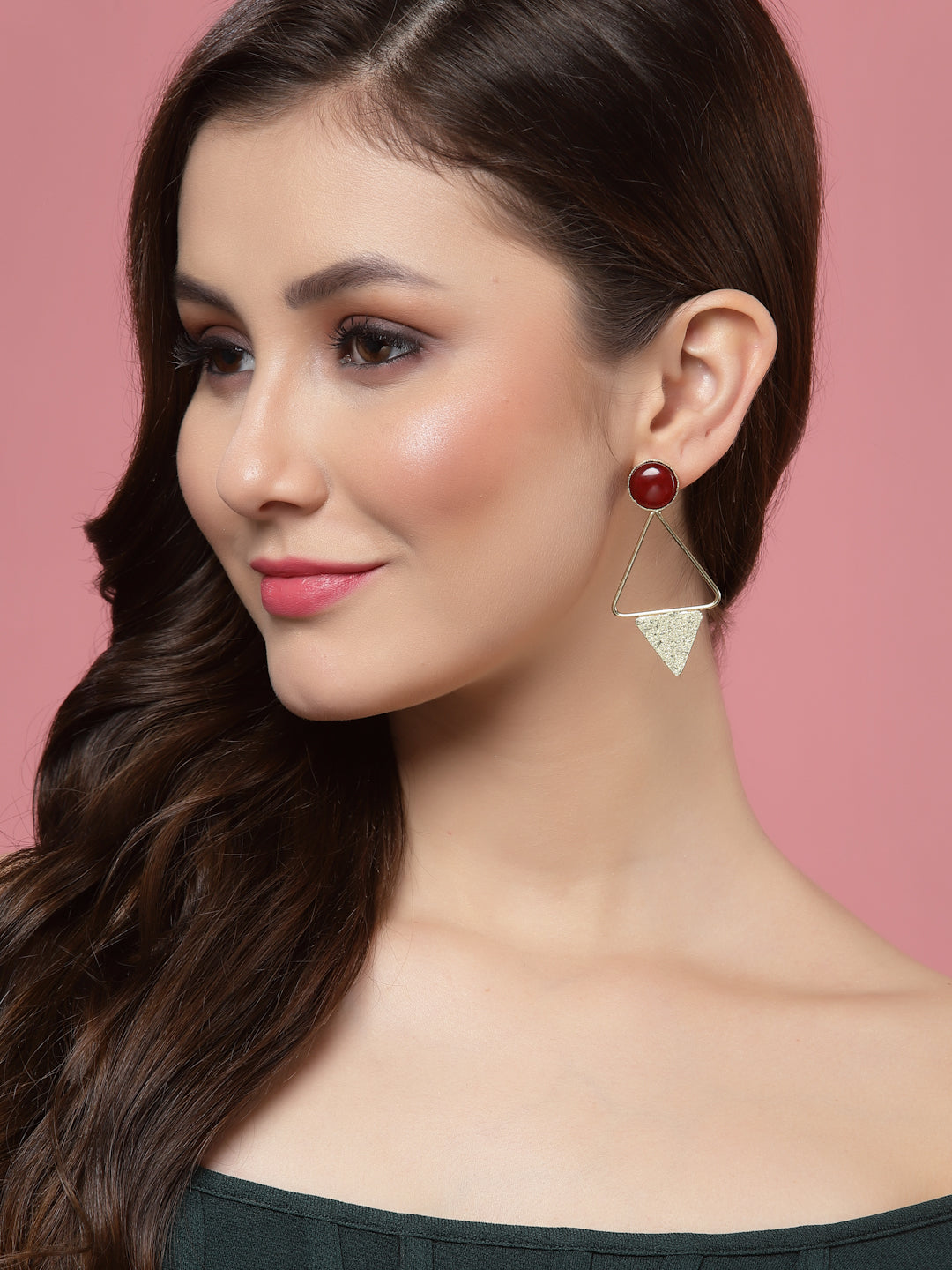 Gold-Plated Stone-Studded Triangular Shaped Drop Earrings