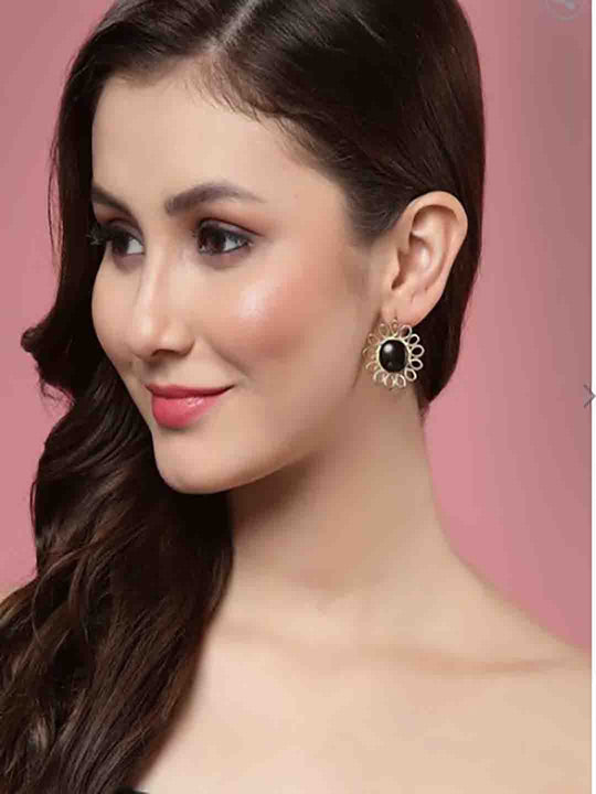 Gold-Plated Stone-Studded Floral Shaped Handcrafted Stud Earrings
