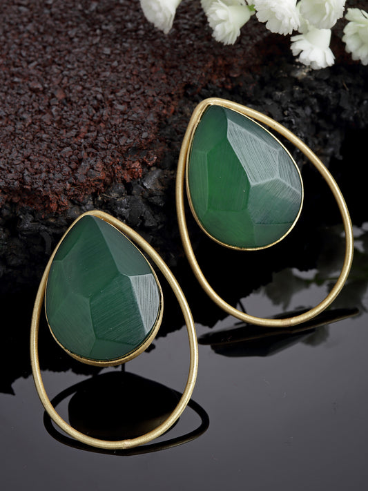 Gold-Plated Stone-Studded Teardrop Shaped Drop Earrings