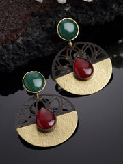 Gold-Plated Stone-Studded Circular Handcrafted Drop Earrings