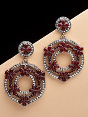 Oxidised Silver-Plated Maroon & AD Stones Circular Shaped Drop Earrings