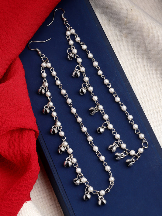 Oxidised Silver-Plated Ethnic Pearls Ear Chains