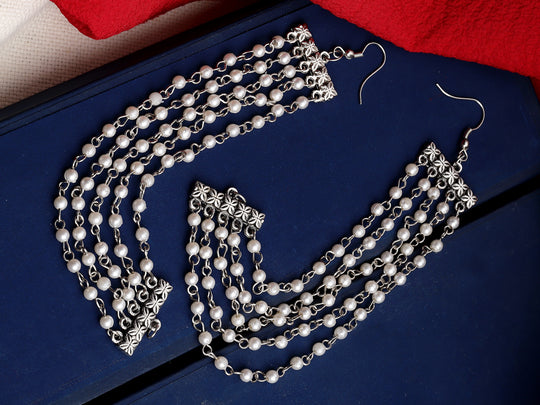 Oxidised Silver-Plated Pearls Layered Ear Chains