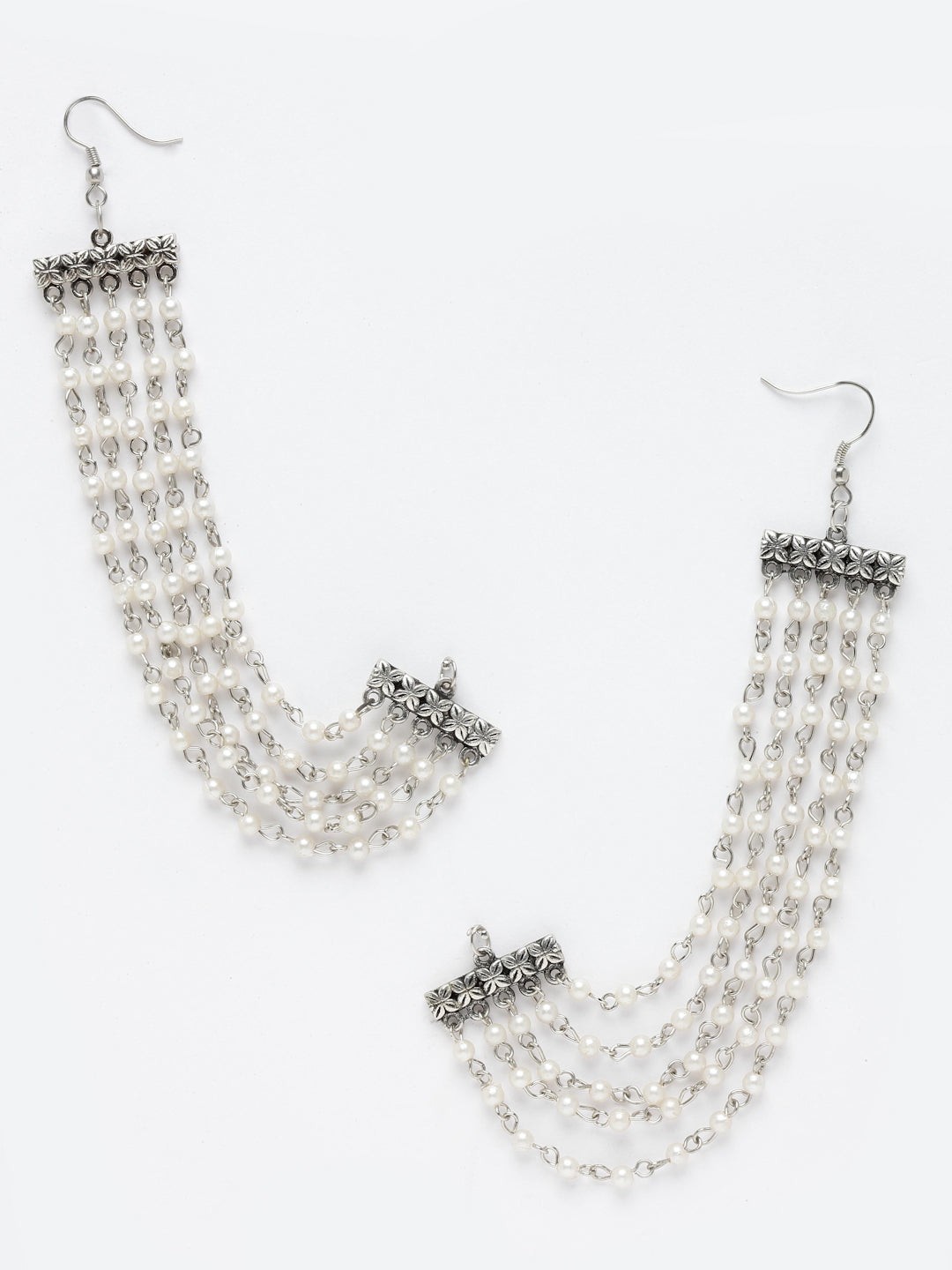 Oxidised Silver-Plated Pearls Layered Ear Chains