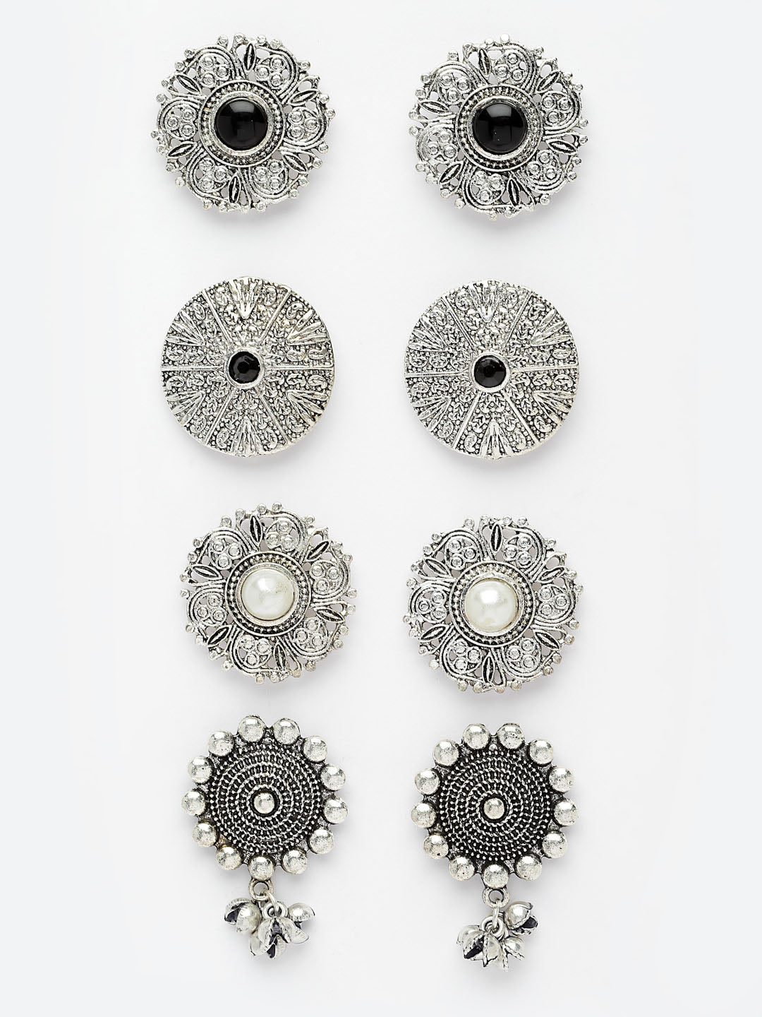 PANASH Set of 4 Oxidised Silver-Plated Circular Stud Earrings