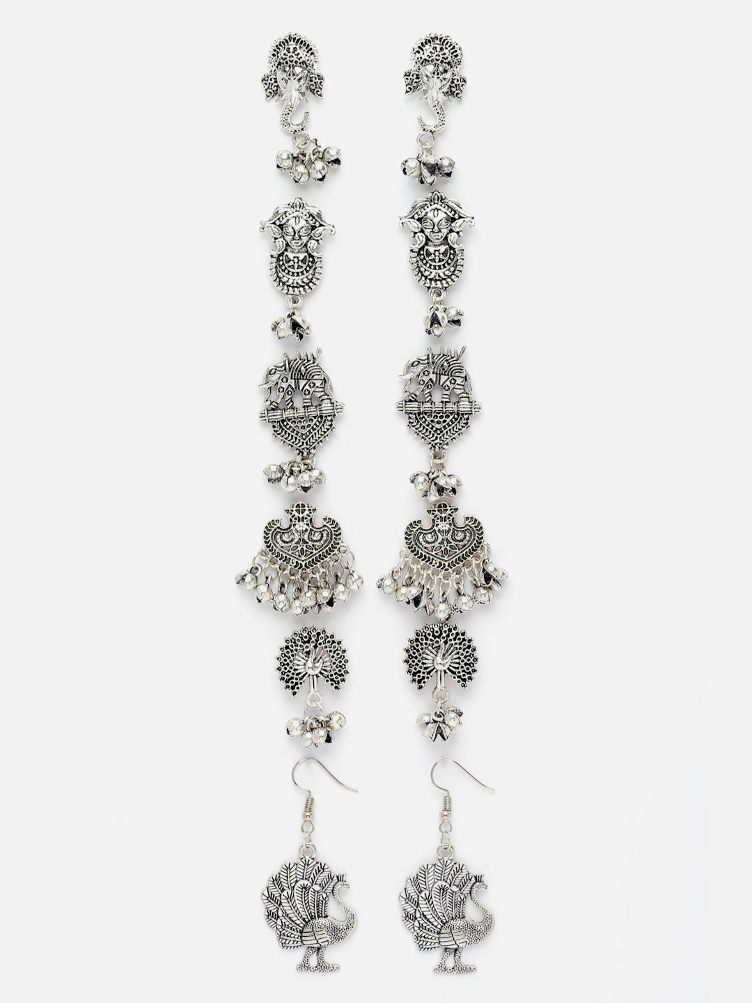 Set Of 6 Silver Plated Oxidised Drop Earrings