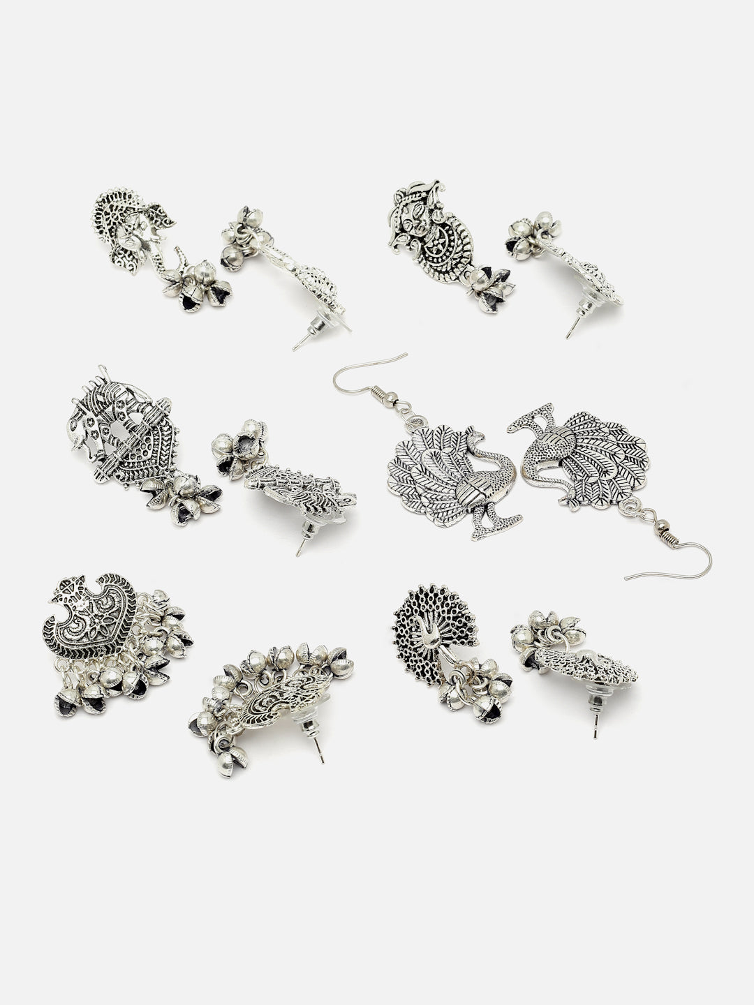 Set Of 6 Silver Plated Oxidised Drop Earrings
