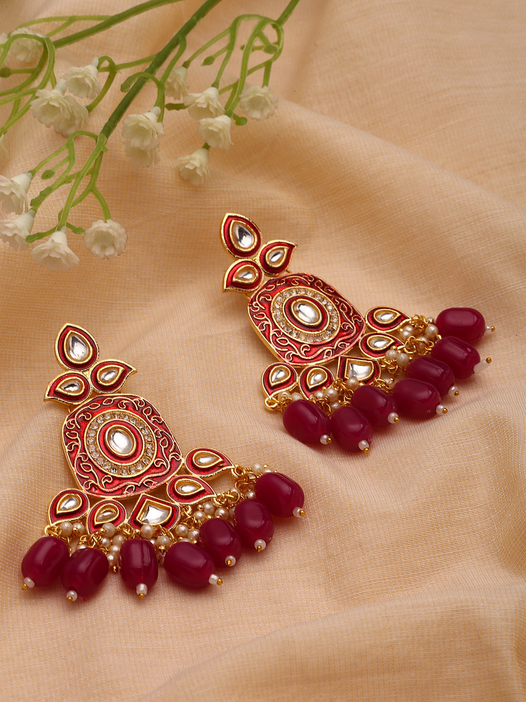 Gold-Toned Kundan Contemporary Drop Earrings