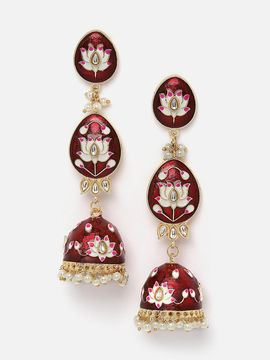 Gold-Toned Kundan Oval Jhumkas Earrings