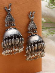 Silver-Plated Peacock Shaped Jhumkas Earrings