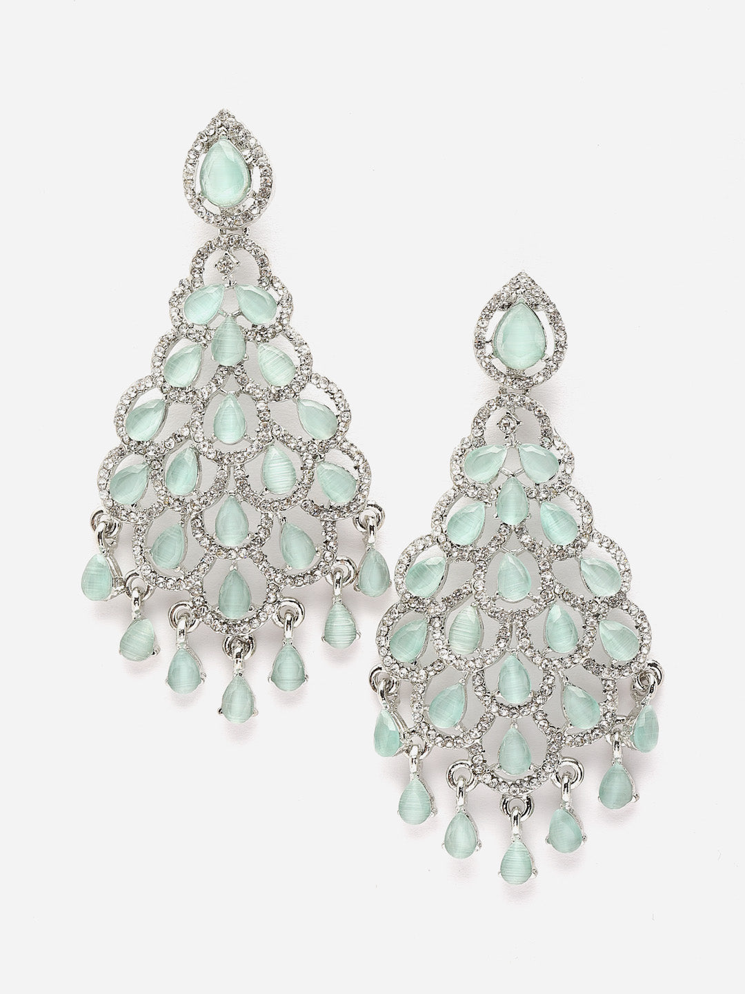 Silver-Plated Kundan Studded Teardrop Shaped Drop Earrings