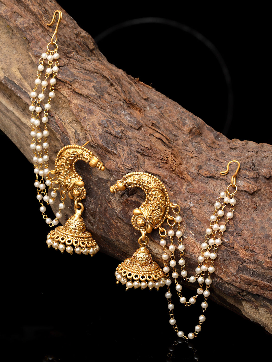 Gold Plated Beaded Jhumka Earrings With Ear Chain