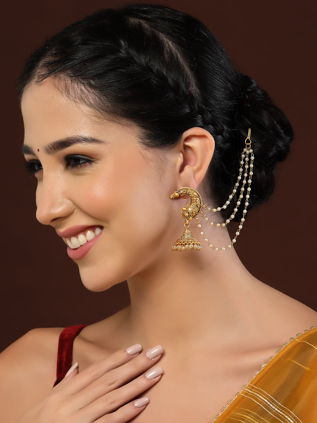 Gold Plated Beaded Jhumka Earrings With Ear Chain