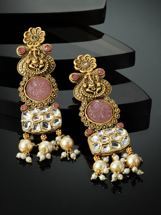 Gold Plated Kundan Studded & Beaded Drop Earrings