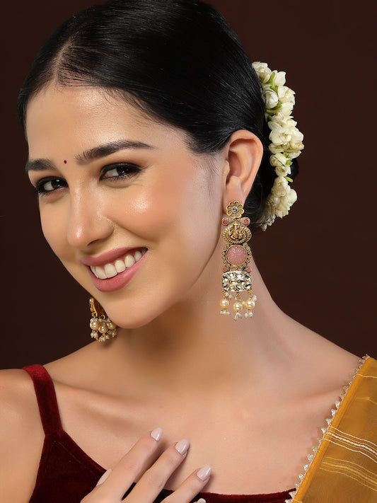 Gold Plated Kundan Studded & Beaded Drop Earrings