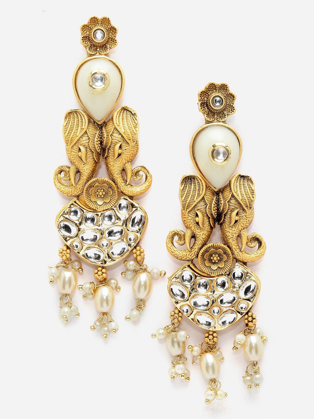 Gold-Plated Stone Studded & Beaded Drop Earrings