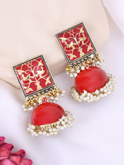 Gold-Plated Red & White Pearls Jhumka Earrings