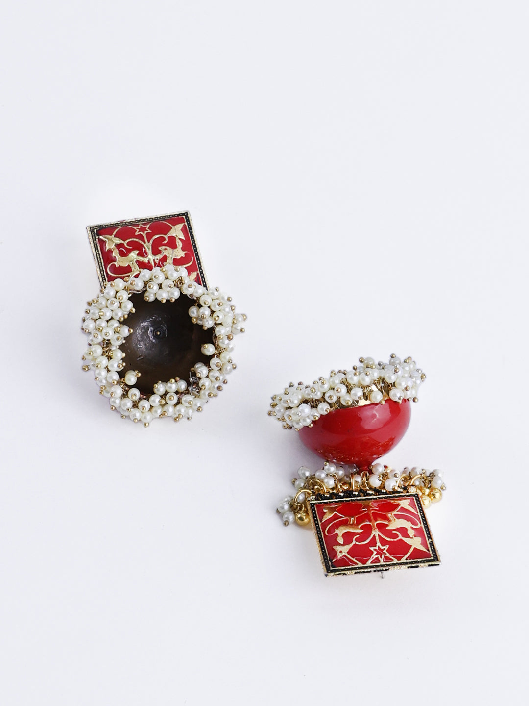 Gold-Plated Red & White Pearls Jhumka Earrings