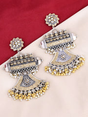 Gold-Plated Beaded & Stone Studded Contemporary Drop Earrings