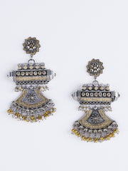 Gold-Plated Beaded & Stone Studded Contemporary Drop Earrings