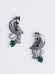 Silver-Plated Oxidised Peacock Shaped Drop Earrings