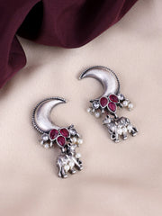 Silver-Plated Artificial Stones Studded & Beads Beaded Drop Earrings