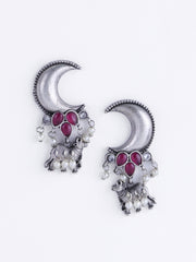 Silver-Plated Artificial Stones Studded & Beads Beaded Drop Earrings