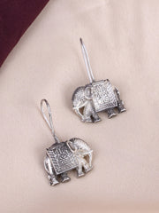 Silver Toned Elephant Shaped Oxidized Silver-Plated Drop Earrings