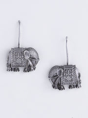 Silver Toned Elephant Shaped Oxidized Silver-Plated Drop Earrings