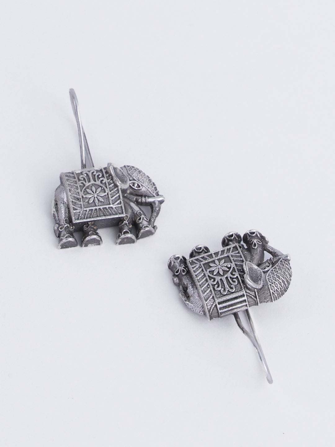 Silver Toned Elephant Shaped Oxidized Silver-Plated Drop Earrings