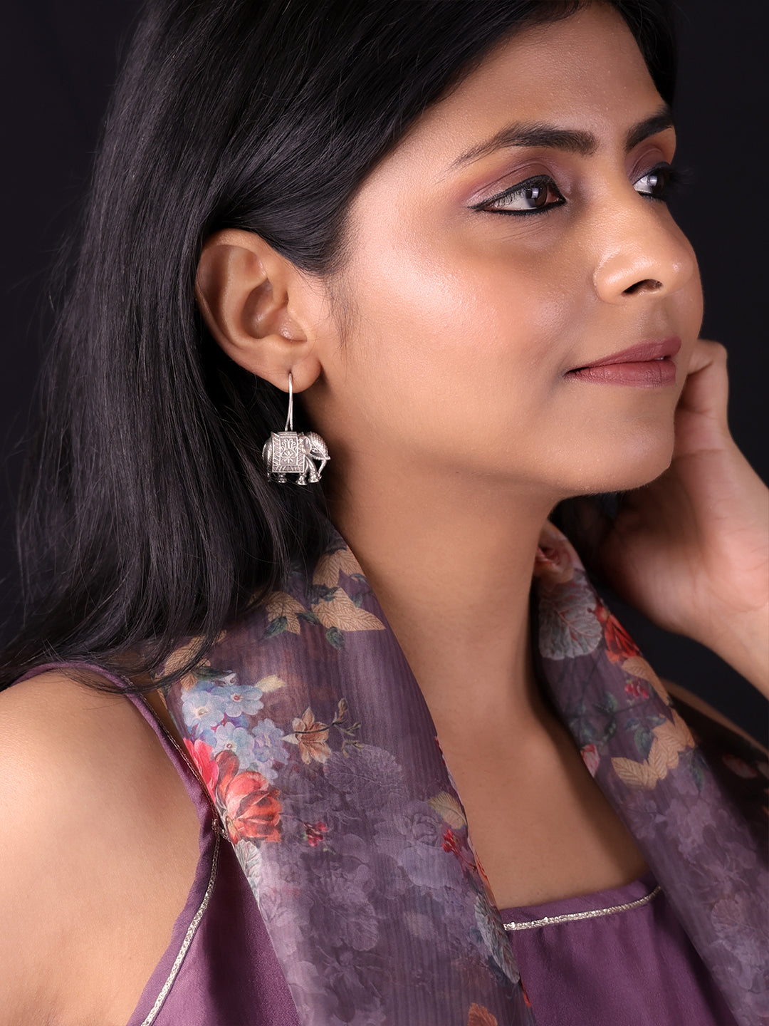 Silver Toned Elephant Shaped Oxidized Silver-Plated Drop Earrings
