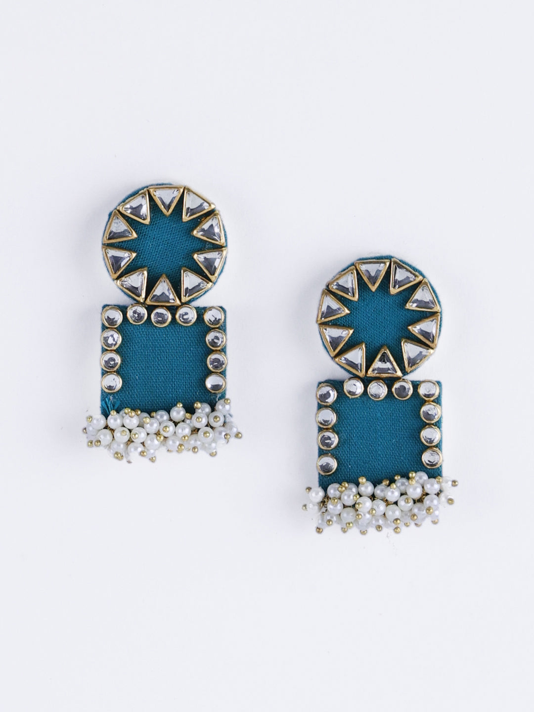 Gold-Plated Artificial Stones-Studded And Beaded Drop Earrings