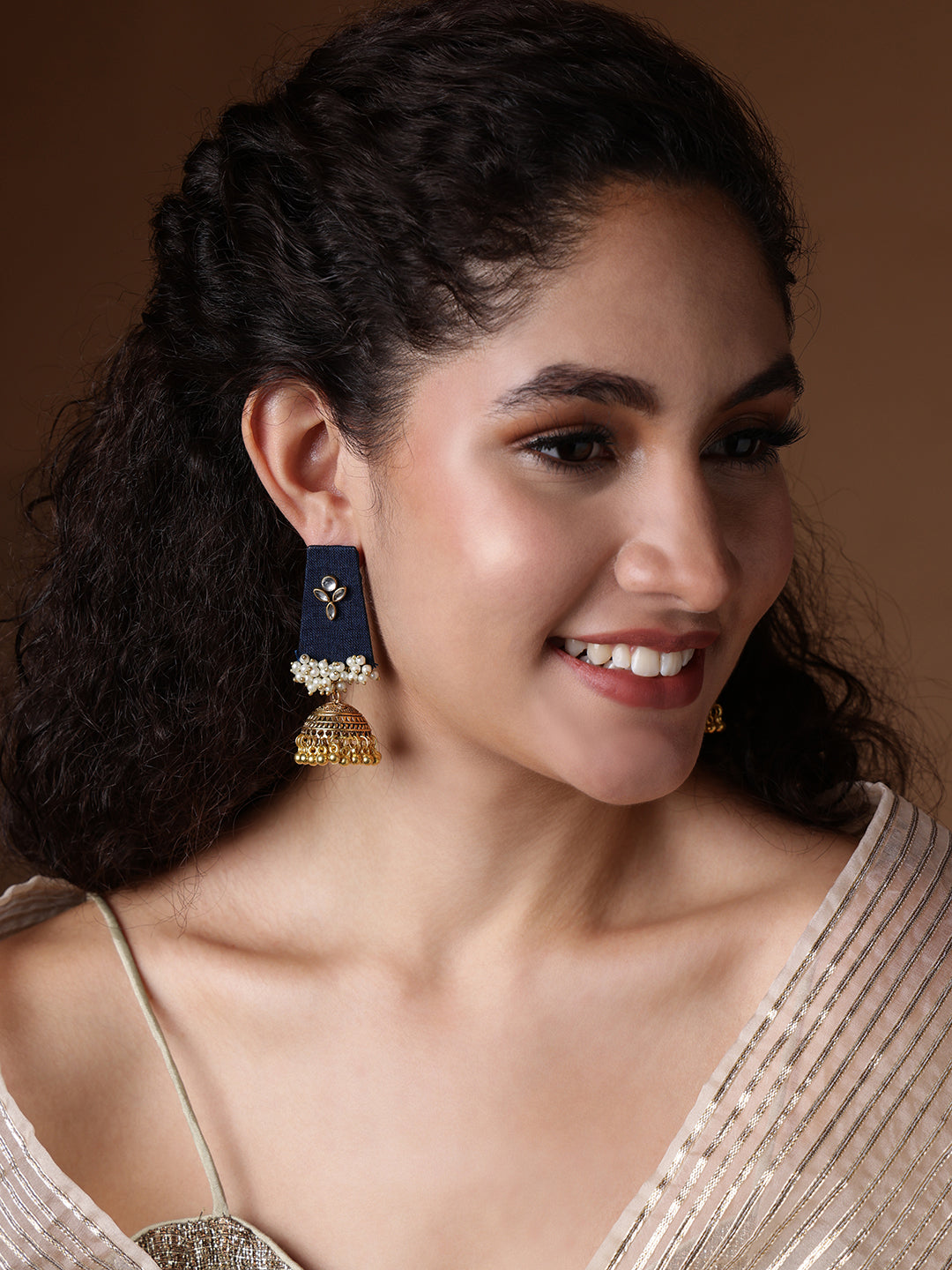 Gold-Plated Artificial Stones and Beads Studded Contemporary Jhumkas Earrings