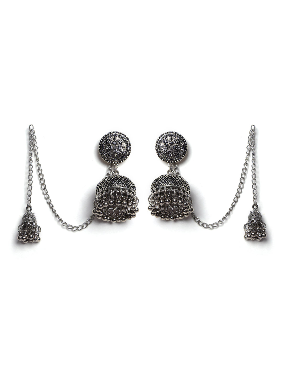 Silver-Plated Dome Shaped Oxidised Traditional Chain Jhumkas
