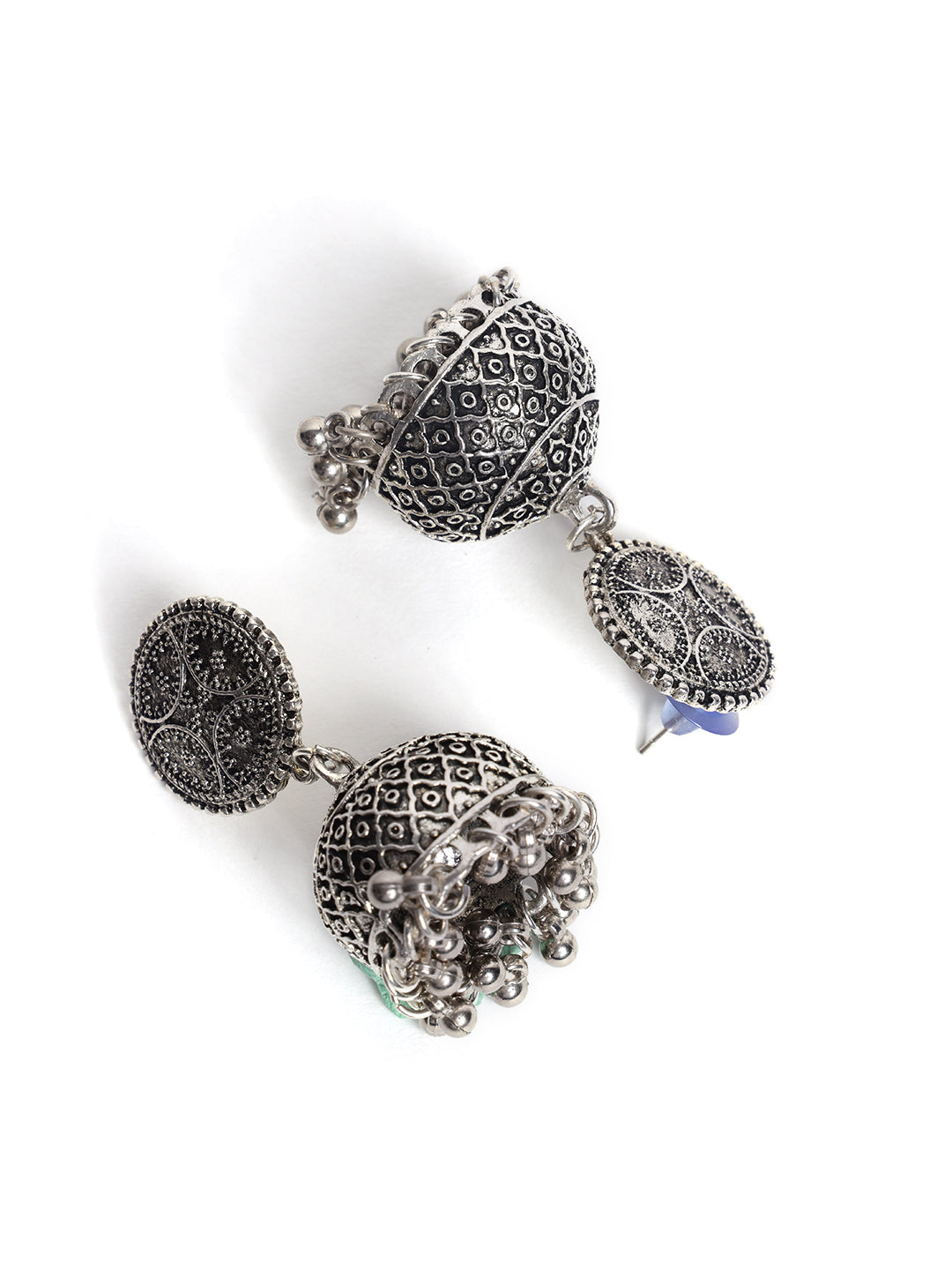 Silver-Plated Dome Shaped Oxidised Traditional Chain Jhumkas