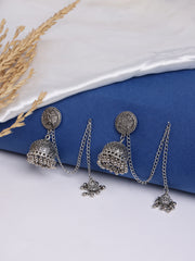 Silver-Plated Dome Shaped Oxidised Traditional Chain Jhumkas