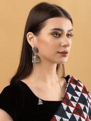 Silver-Plated Dome Shaped Oxidised Traditional Chain Jhumkas