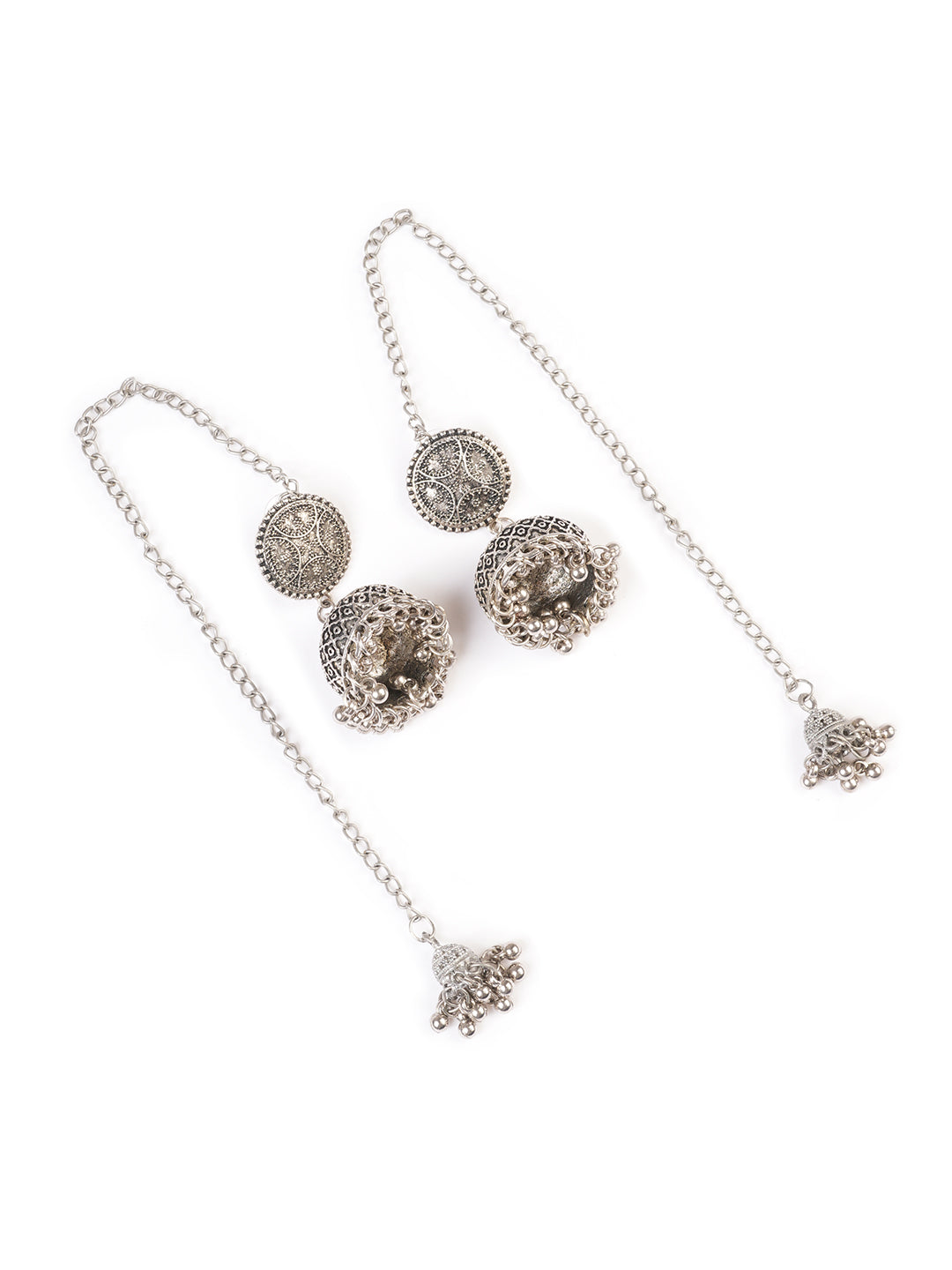 Silver-Plated Dome Shaped Oxidised Traditional Chain Jhumkas