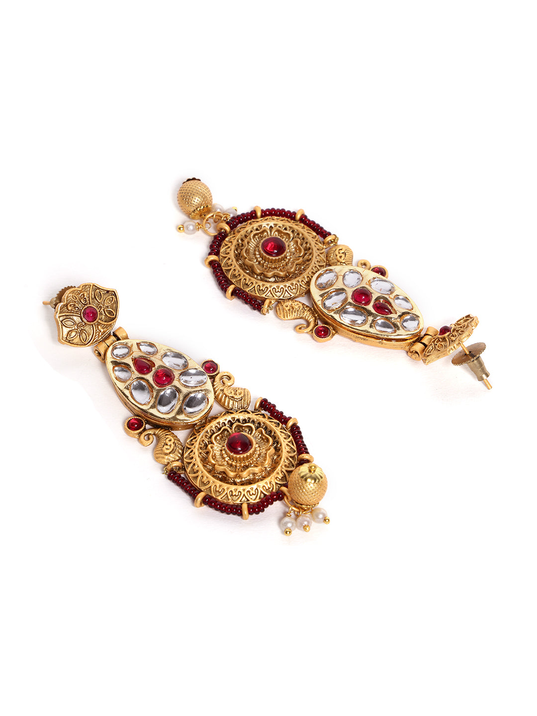 22Ct Gold Plated Kundan Studded Floral Shaped Drop Earrings