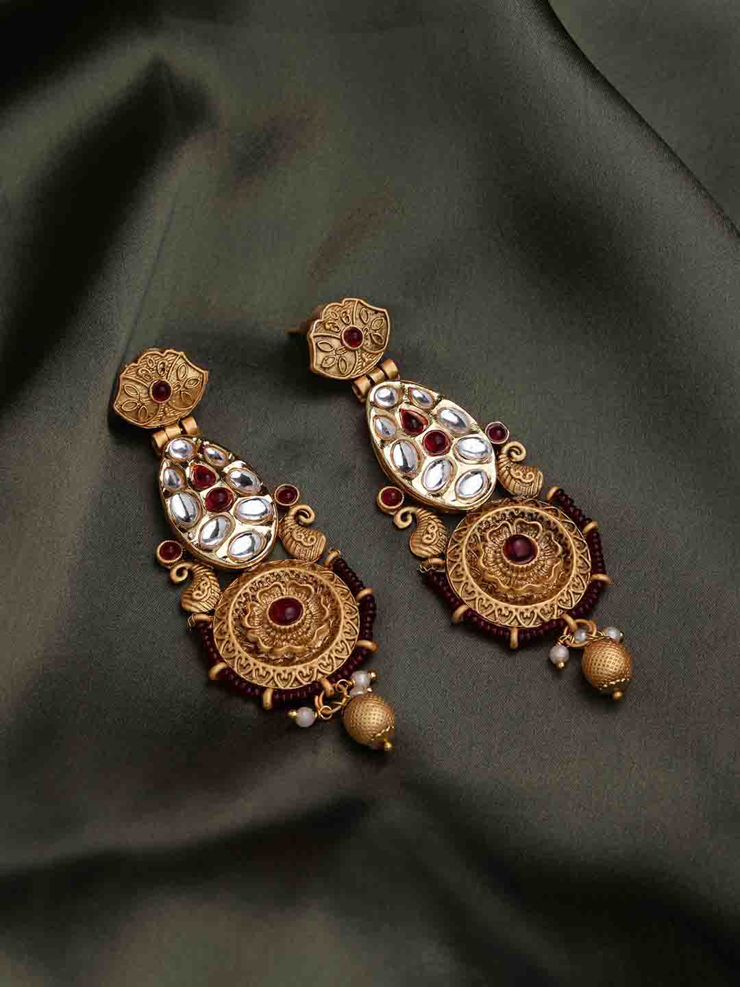 22Ct Gold Plated Kundan Studded Floral Shaped Drop Earrings