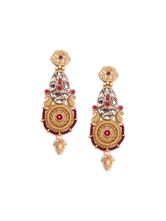 22Ct Gold Plated Kundan Studded Floral Shaped Drop Earrings