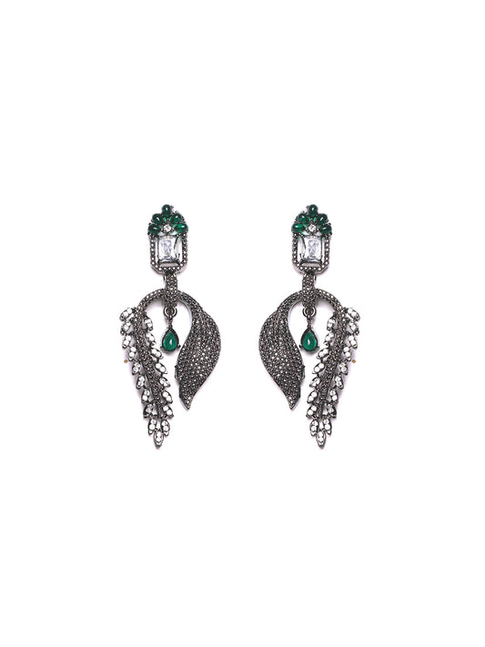 Silver-Plated Cubic Zirconia Studded Contemporary Drop Earrings