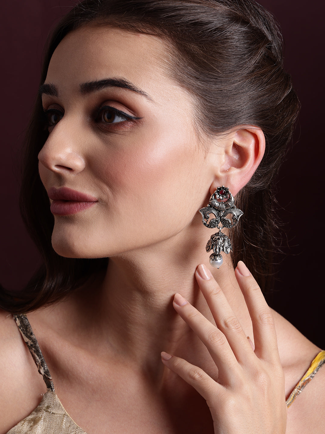 Silver Plated Cubic Zirconia Studded Peacock Shaped Oxidized Drop Earrings