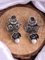 Silver Plated Cubic Zirconia Studded Peacock Shaped Oxidized Drop Earrings