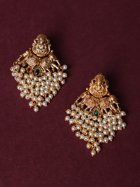 Gold-Plated Cubic Zirconia Studded Peacock Shaped Drop Earrings