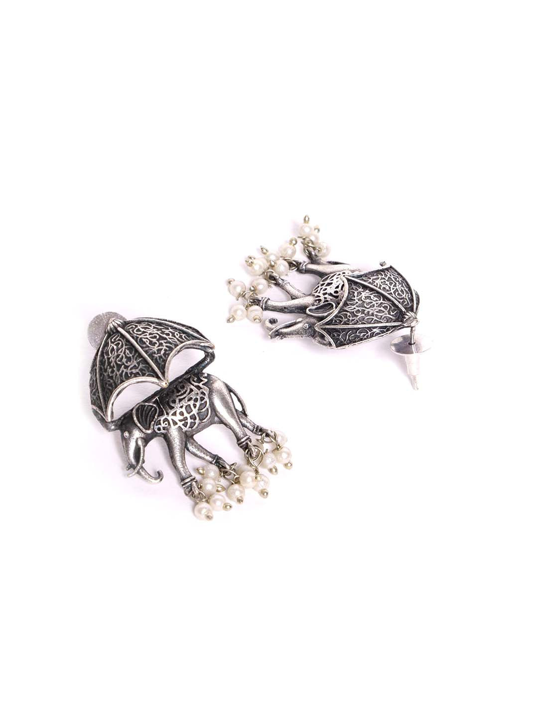 Silver Plated Elephant Shaped Oxidized Elephant Shaped Drop Earrings